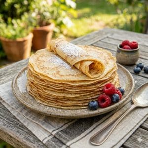 Une pile de crêpes dorées et moelleuses, servies avec du sucre et des fruits, dans un style chic rustique.