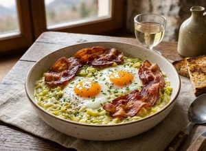 Fondue de poireaux crémeuse aux oeufs coulants & bacon croustillant