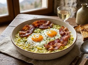 Lire la suite à propos de l’article Fondue de poireaux crémeuse aux oeufs coulants & bacon croustillant