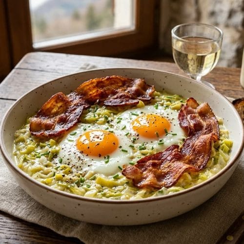 Assiette creuse de fondue de poireaux onctueuse au mascarpone, surmontée de deux œufs au plat aux jaunes coulants et de tranches de bacon croustillantes sur une table rustique.