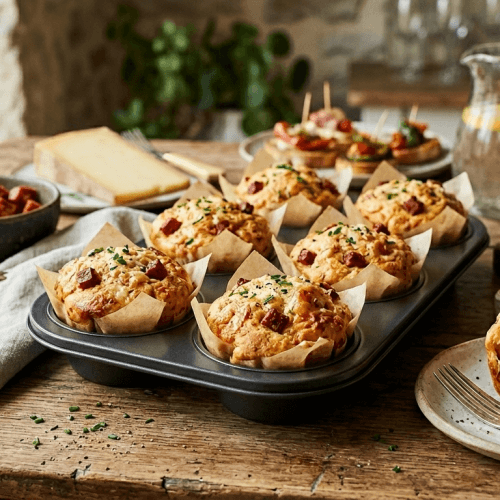 Muffins salés au chorizo et fromage présentés dans un moule en acier carbone antiadhésif sur une table en bois.