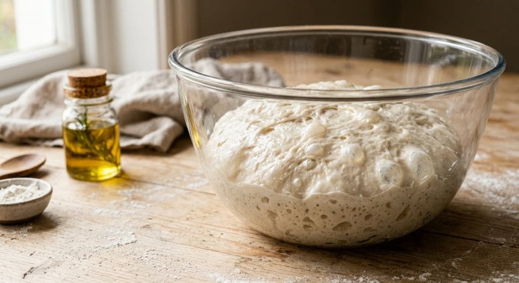 Gros plan d'une pâte à pizza fermentée 24h dans un bol en verre, montrant des bulles d'air et une texture alvéolée, posée sur un plan de travail en bois avec de la farine et de l'huile d'olive en arrière-plan.