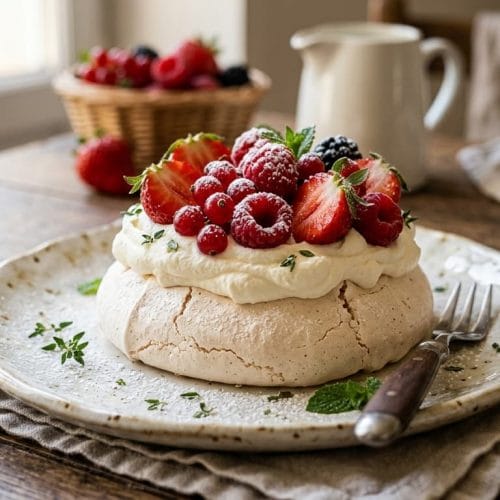Dessert Pavlova avec une meringue blanche croustillante, surmontée d'une crème chantilly onctueuse et de fraises, framboises et groseilles fraîches.