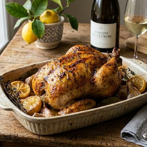 Poulet rôti entier doré dans un plat en céramique rustique sur une table en bois, servi avec du vin blanc et des citrons frais.
