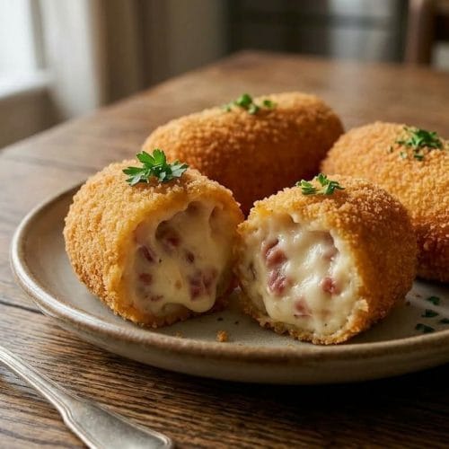 gros plan d'une croquette de jambon espagnole coupée en deux montrant un cœur à la béchamel ultra-crémeux et fondant.