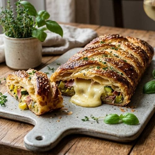 Tresse en pâte feuilletée dorée au four, laissant apparaître du fromage fondu, du speck et des légumes, présentée sur une planche en bois rustique.