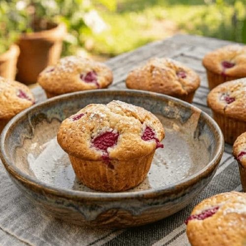 Muffins à la framboise moelleux et dorés, sortant du four, présentés dans un style chic rustique.