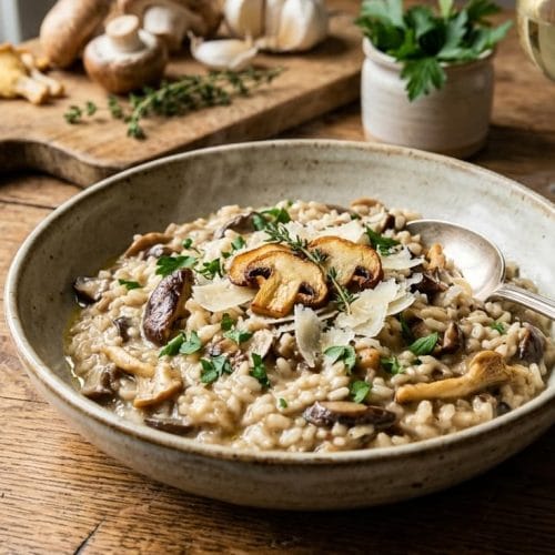 Photographie culinaire d'un risotto aux champignons crémeux dans un bol en céramique rustique, garni de parmesan et de persil sur une table en bois.