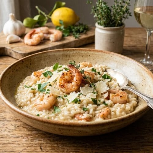 Photographie culinaire d'un risotto aux crevettes dorées dans un bol en céramique sur une table en bois rustique.