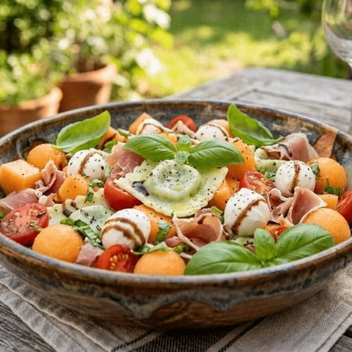 Assiette de salade fraîche composée de billes de melon, raviolis épinard-ricotta, mozzarella, tomates cerises et jambon cru.