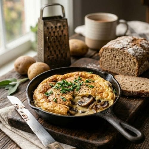 Une omelette aux champignons bien dorée et baveuse, servie dans une poêle en fonte sur une table en bois, style chic rustique.