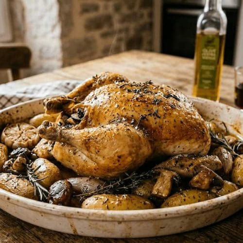 Poulet rôti entier bien doré dans un plat en terre avec des cèpes, des pommes de terre rattes et des herbes aromatiques.
