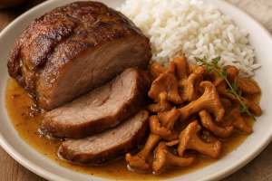 Rôti d’échine de porc aux chanterelles