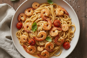 Linguine aux Crevettes, Tomates cerises et Paprika Fumé