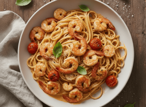 Linguine aux Crevettes, Tomates cerises et Paprika Fumé