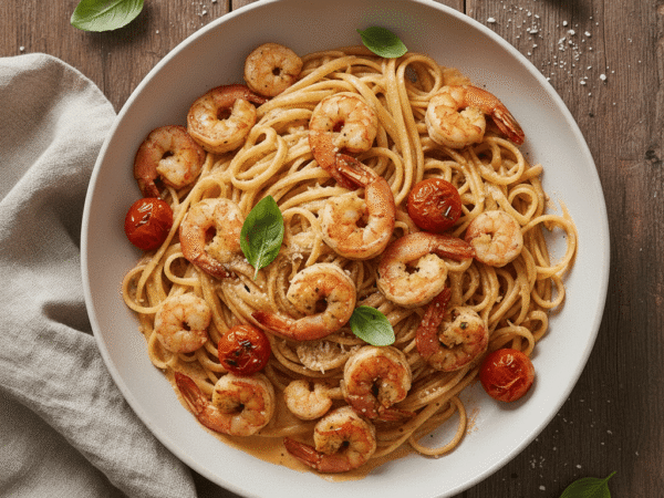 Linguine aux Crevettes, Tomates cerises et Paprika Fumé