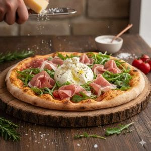 Lire la suite à propos de l’article Véritable Pizza Italienne à la Burrata et Jambon Cru : le secret de la pâte lente