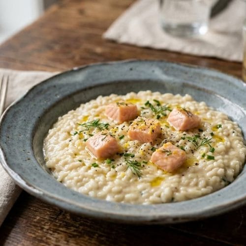 Assiette de risotto onctueux aux petits dés de saumon frais, garnie d'aneth et de zestes de citron.