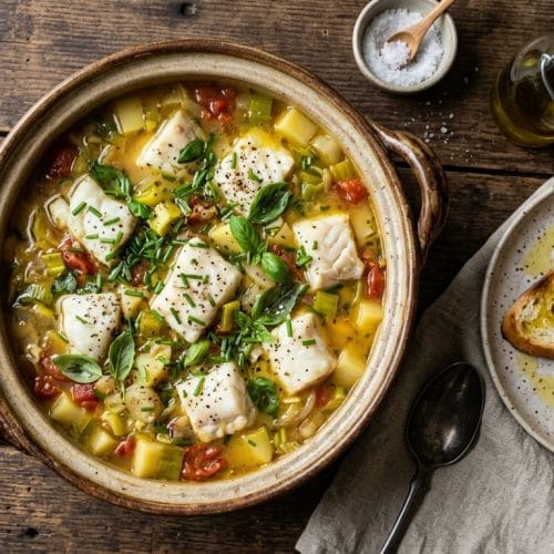 Vue de dessus d'une marmite en céramique contenant un ragoût de lieu noir avec poireaux, tomates et herbes fraîches, servi avec des tartines de baguette grillée sur une table en bois sombre.