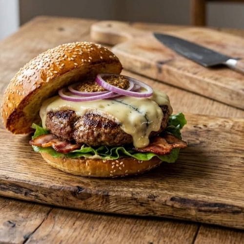 Photographie d'un burger maison au Morbier fondant, steak de bœuf juteux, bacon et oignons rouges sur une planche en bois.