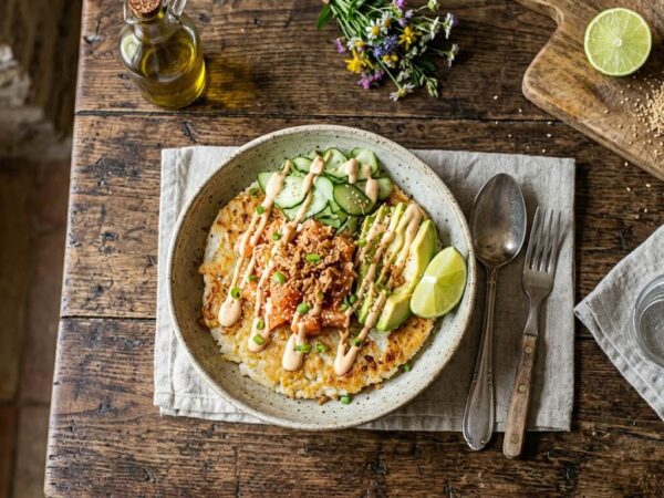Bowl de riz croustillant au saumon et avocat, sauce spicy mayo