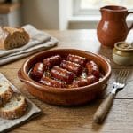 Chistorra braisées au vin blanc servis dans une cazuela pour un groupe de 10 personnes, recette conviviale Le Miam.