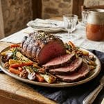 Plat de rôti de bœuf tranché entouré de carottes, panais et champignons glacés au miel et vinaigre balsamique.