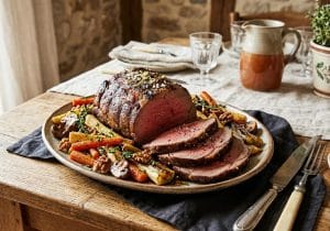 Lire la suite à propos de l’article Rôti de bœuf au four et ses légumes rôtis glacés au miel et balsamique