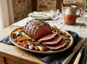 Rôti de bœuf au four et ses légumes rôtis glacés au miel et balsamique