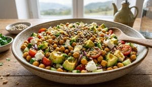 Lire la suite à propos de l’article Salade de pois chiches, feta et avocat, vinaigrette citronnée aux épices
