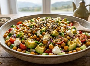 Salade de pois chiches, feta et avocat, vinaigrette citronnée aux épices