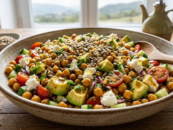 Salade de pois chiches, feta et avocat, vinaigrette citronnée aux épices