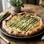 Photographie d'une tarte rustique aux asperges vertes et chèvre frais, parsemée de pignons grillés et d'herbes fraîches sur une table en bois.