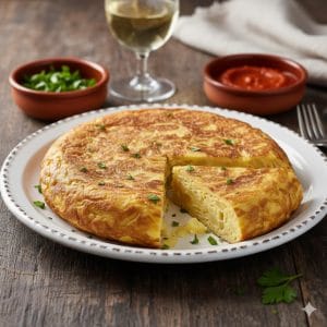 Tortilla espagnole maison coupée en parts, servie sur une assiette en céramique rustique avec des bols de sauce bravas et persil frais sur une table en bois.