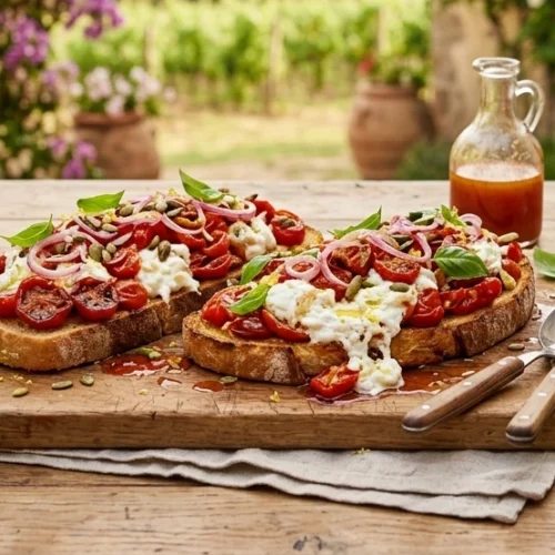 Bruschetta géante garnie de tomates cerises confites fondantes, burrata crémeuse et pickles d'oignons rouges, servie sur une table en bois dans un jardin ensoleillé.