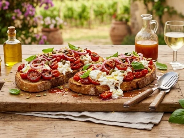 Bruschetta géante aux tomates cerises confites et burrata crémeuse
