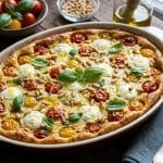 Clafoutis salé aux tomates cerises rôties, billes de fromage de chèvre fondues et pignons de pin croquants, présenté dans un plat à gratin ovale sur une table en bois.