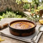 Une crème catalane traditionnelle avec une croûte de sucre caramélisé, servie dans un ramequin en terre cuite sur une table en bois rustique avec cannelle et citron.