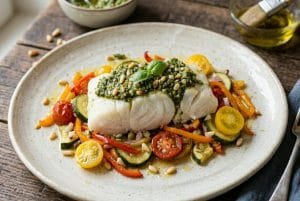 Lire la suite à propos de l’article Papillotes de cabillaud aux légumes d’été et pesto maison : recette légère et parfumée