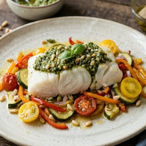 Zoom sur un pavé de cabillaud en papillote ouverte nappe de pesto maison vert vif, reposant sur un lit coloré de demi-tomates cerises, courgettes et poivrons, servi dans une assiette en céramique sur une table en bois rustique.