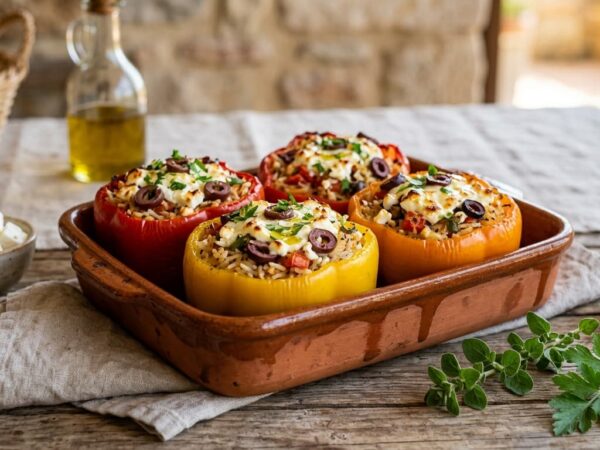 Poivrons farcis à la grecque, feta, olives, riz : Recette méditerranéenne facile et savoureuse
