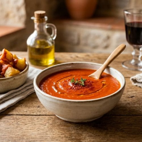 Sauce bravas onctueuse à la tomate et au paprika fumé servie dans un petit bol en céramique à côté de pommes de terre sautées.