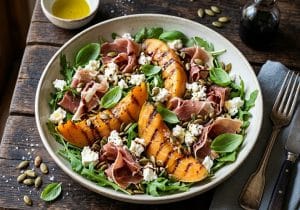 Lire la suite à propos de l’article Salade de melon grillé à la feta, jambon de Parme et graines de courge : recette estivale gourmande