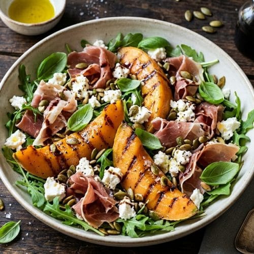 Salade estivale de melon charentais grillé, feta émiettée, tranches de jambon de Parme et graines de courge grillées, servie dans un bol en céramique sur une table en bois rustique avec de la roquette et du basilic frais.