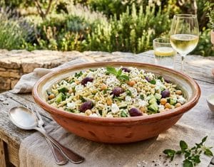 Lire la suite à propos de l’article Salade d’orzo healthy à la feta, olives kalamata, concombre et pois chiches