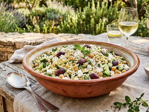 Salade d’orzo healthy à la feta, olives kalamata, concombre et pois chiches