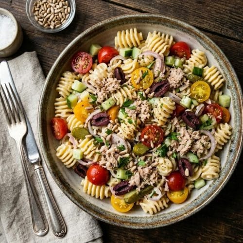 Vue de dessus d'un bol rustique de salade de pâtes au thon émietté, tomates cerises et olives sur une table en bois sombre.