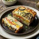 Tranche épaisse de terrine de légumes montrant des couches de poivrons rouges et jaunes, courgettes et aubergines, servie sur une assiette en céramique avec une décoration de basilic frais.