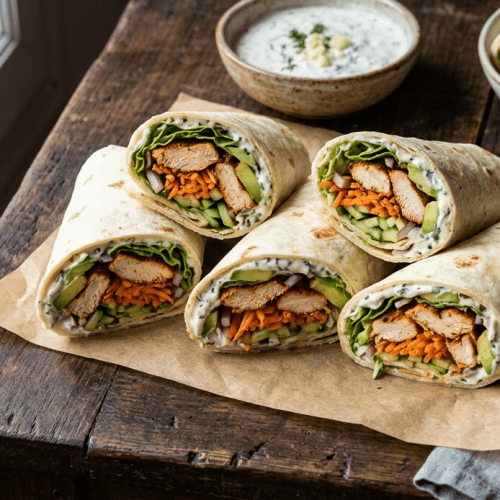 Wraps au poulet mariné et crudités croquantes (carotte, concombre, avocat) avec une sauce blanche onctueuse, présentés sur une table en bois rustique.